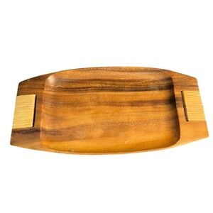 Vintage MCM Monkey Pod Wood Boat Tray Woven Handles Serving Dish 20x10.5 Boho‎